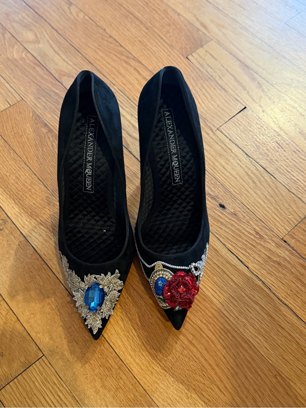Alexander McQueen Black Pointed Flats with Blue and Red Jewel Embellishments
